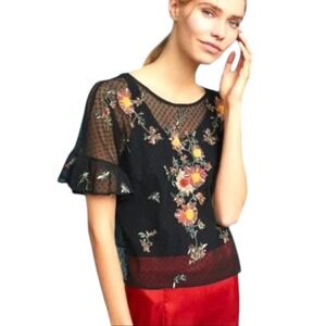 Anthropologie Maeve Cadiz Mesh Top Women XS Black Embroidered Lightweight NWOT‎